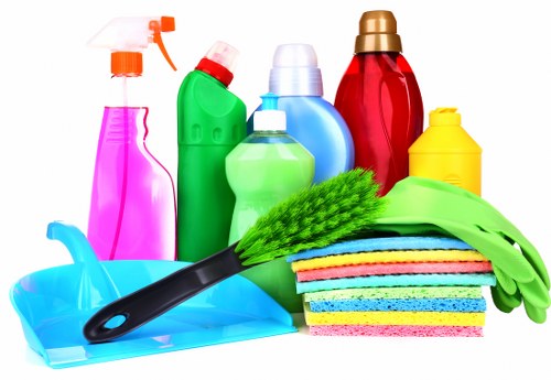 Deep cleaning supplies arranged for a thorough home cleaning session