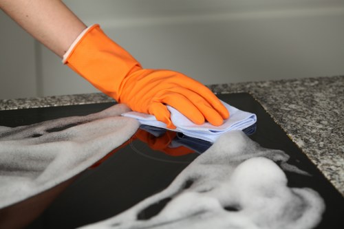 Commercial cleaning team maintaining a modern office lobby