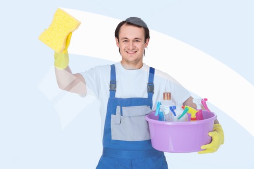 Professional communal area cleaning in a residential entrance hall