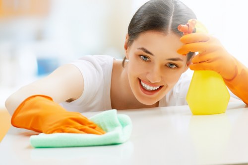 Professional house cleaning in a bright living room