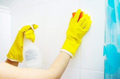Home and office cleaning tools arranged for routine maintenance